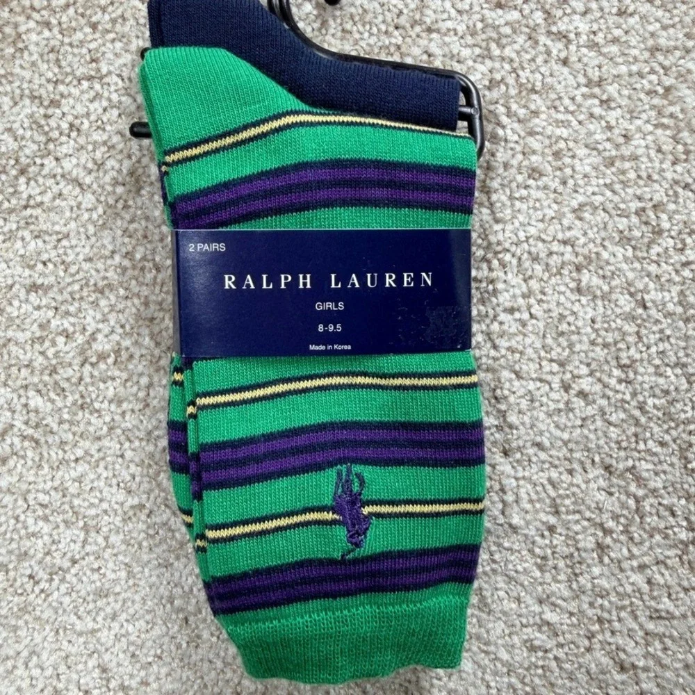 Ralph Lauren Girls 2 Pack Crew Socks Navy Green Striped Pony Logo Size 8-9.5 NEW